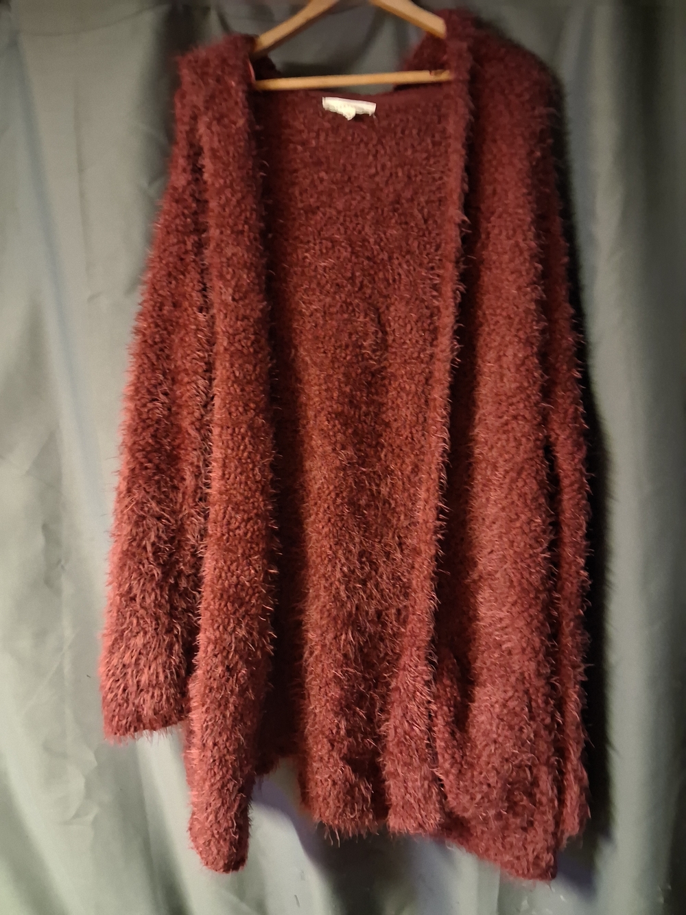 lovestitch Fuzzy Open-Front Cardigan in Burgundy